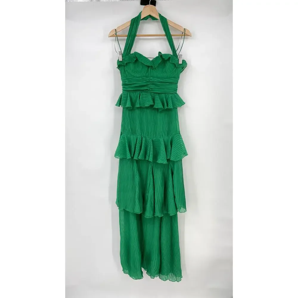 Line & Dot | NWT Cari Halter Maxi Dress in Kelly Green Tiered Pleated Halter XS - Picture 2 of 14